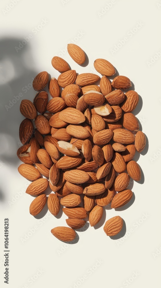 Top view of raw whole almonds on light gray background, close-up Top view of raw whole almonds on light gray background, close-up