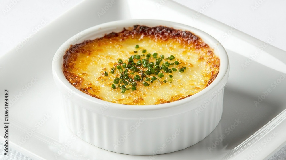A white plate with white tablecloth and white background shows a close-up of small dish of food A white plate with white tablecloth and white background shows a close-up of small dish of food
