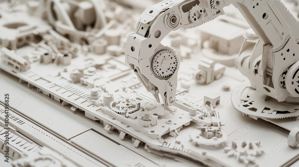 Detailed paper model of a robotic arm with gears on a mechanical platform Detailed paper model of a robotic arm with gears on a mechanical platform