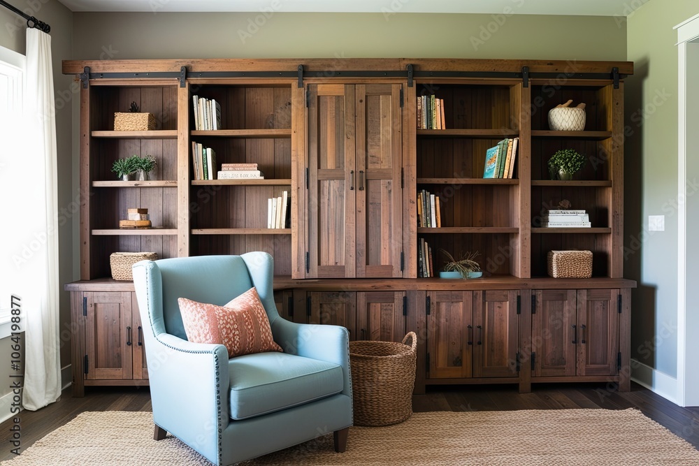 Fototapeta premium Rustic Wood Bookcase and Inviting Armchair in a Cozy Family Room