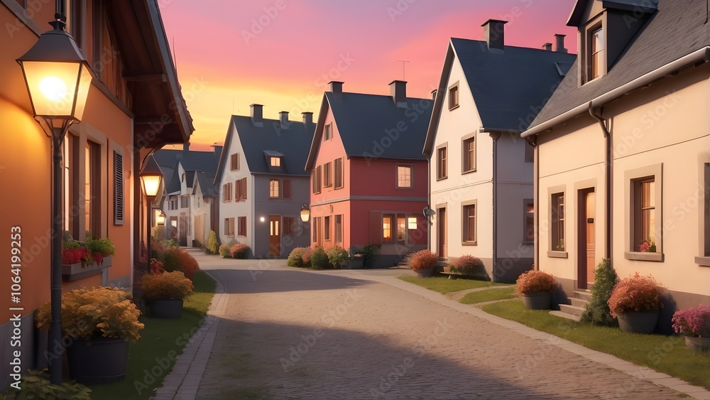 Beautiful day in a typical village in Wallonia, dull lamps outside the detailed houses, Colourful sunset. Beautiful day in a typical village in Wallonia, dull lamps outside the detailed houses, Colourful sunset.
