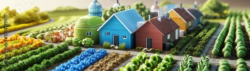 Colorful farmhouses surrounded by vibrant fields and crops in a picturesque rural landscape under a sunny sky. Ideal for agriculture themes. photo