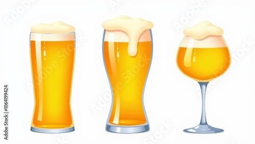 A classic collection of glass of beer clipart with frothy tops on a white background