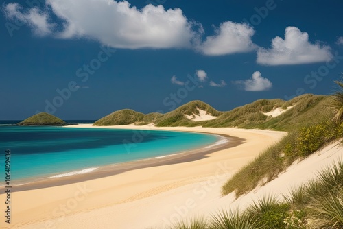 Tropical Paradise with Dune-Covered Beaches and Golden Sands Beneath a Clear Blue Sky