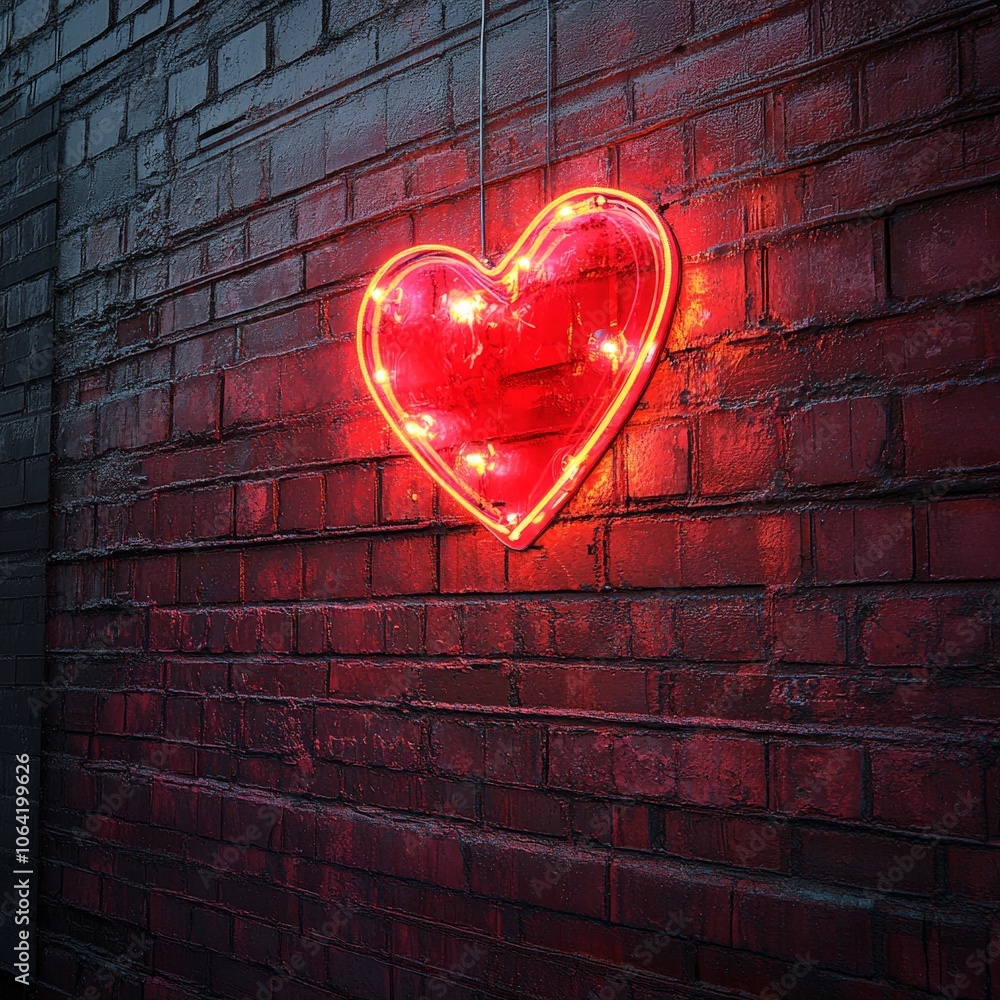 Glowing neon heart sign on brick wall for Valentine's Day Glowing neon heart sign on brick wall for Valentine's Day