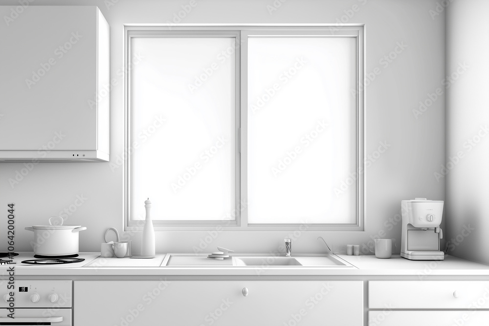 Fototapeta premium White home kitchen interior with cooking cupboards and mock windows