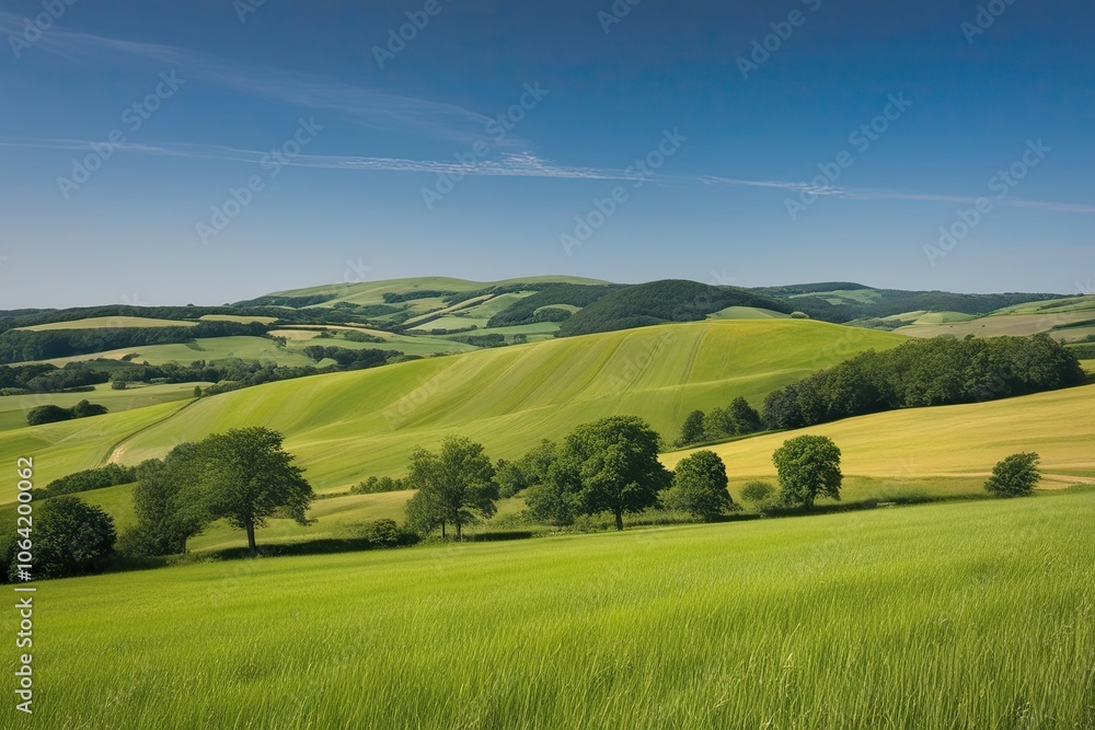 Fototapeta premium Vibrant Summer Landscape of Green Grass Rolling Hills and Clear Blue Sky
