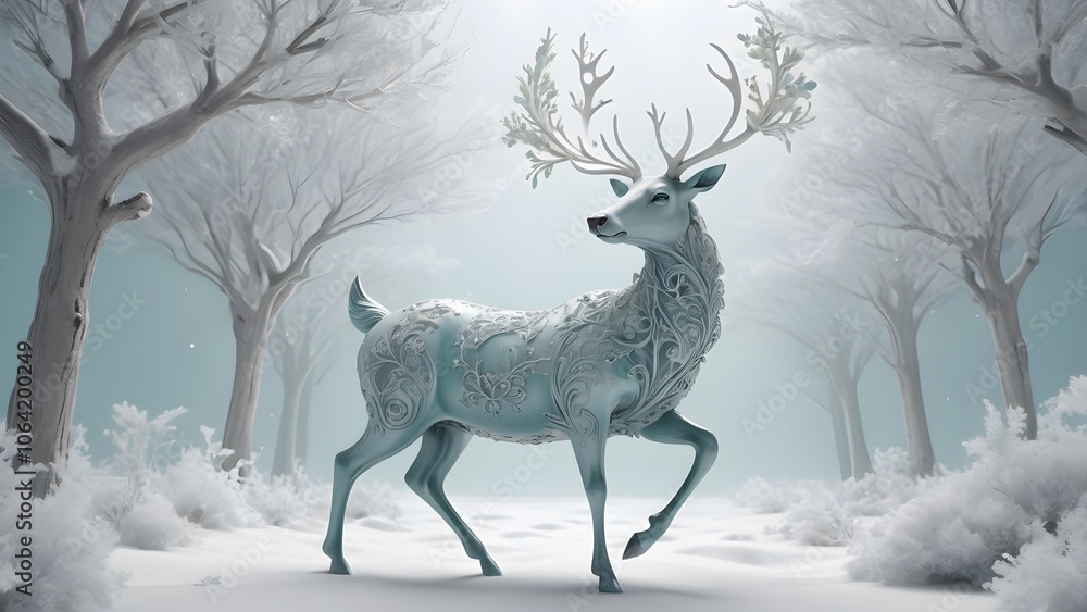 centered on a strikingly adorned reindeer amidst a dreamlike winter landscape centered on a strikingly adorned reindeer amidst a dreamlike winter landscape