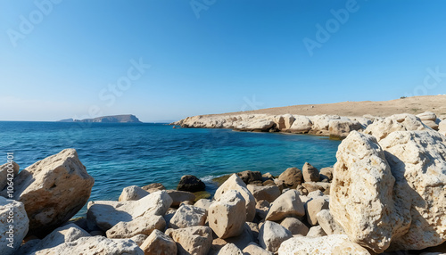 Rocky Shoreline of Chloraka, Cyprus isolated with white shades, png