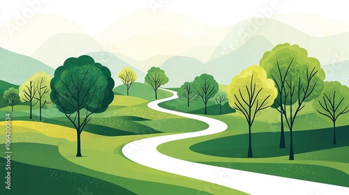   A stunning green landscape painting features a winding road upfront and majestic trees, hills in the backdrop photo