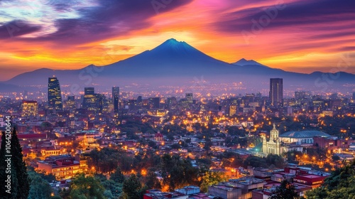 Dramatic view of Mexico City skyline with mountains in the background at dusk