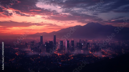 Dramatic view of Mexico City skyline with mountains in the background at dusk