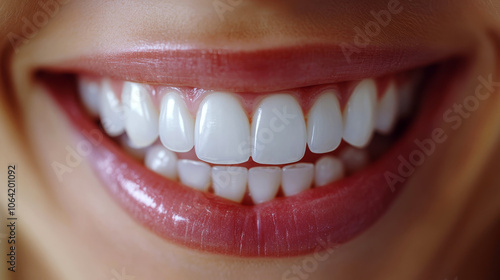 A close-up of a smiling mouth displays shiny white teeth and glossy lips. Concept of dental health and happiness.