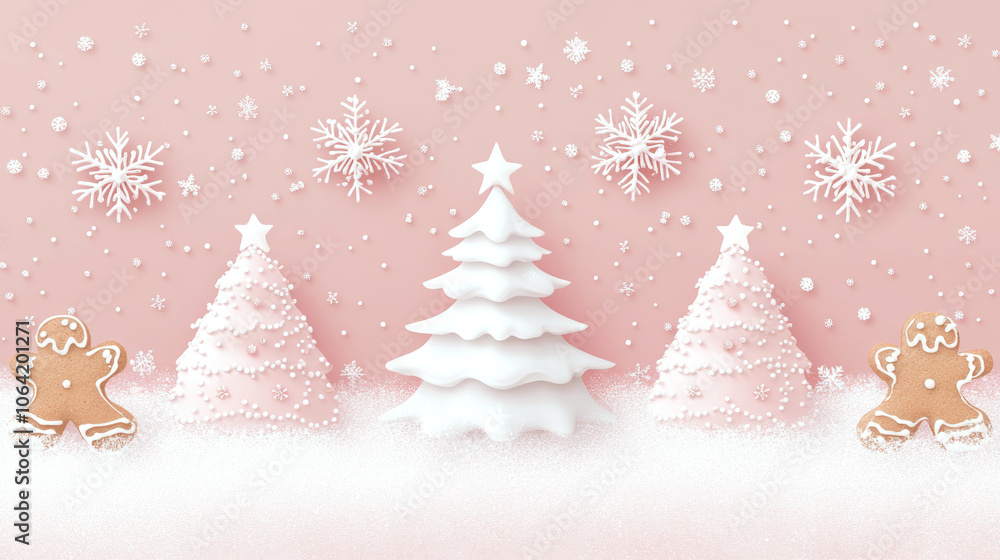 White and pink Christmas trees with gingerbread men stand on a snowy surface with snowflakes in the background. Concept of festive holiday decoration. White and pink Christmas trees with gingerbread men stand on a snowy surface with snowflakes in the background. Concept of festive holiday decoration.