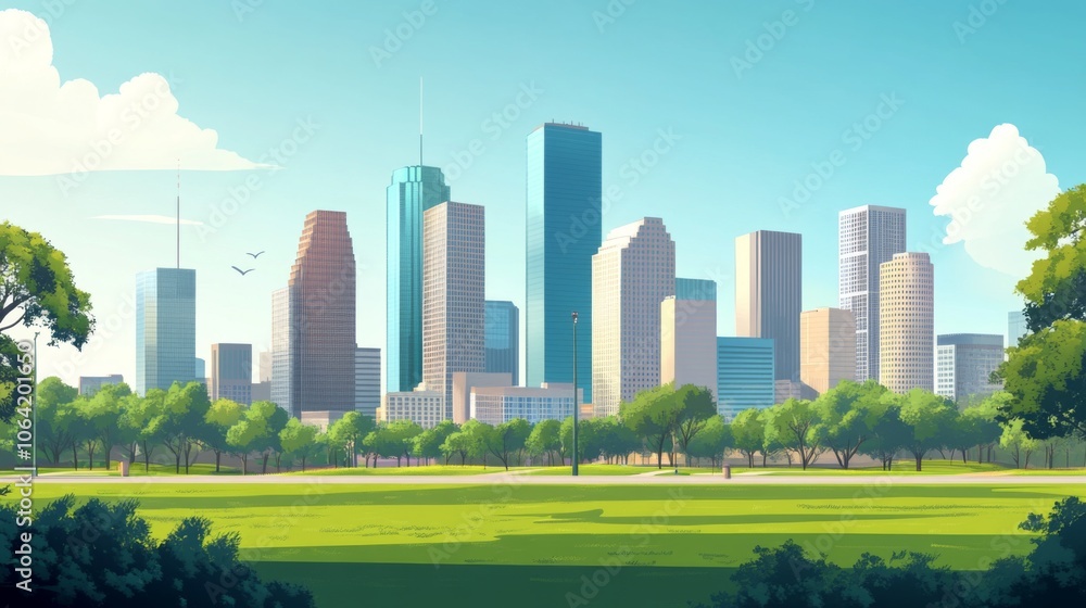 Skyline of Houston with modern high-rise buildings and green parks Skyline of Houston with modern high-rise buildings and green parks