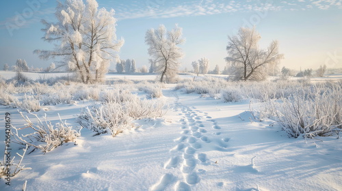 A snow-covered meadow dotted with frosted trees and bushes, with footprints leading into the distance. Christmas and New year greeting card background. Winter holiday banner for web social media