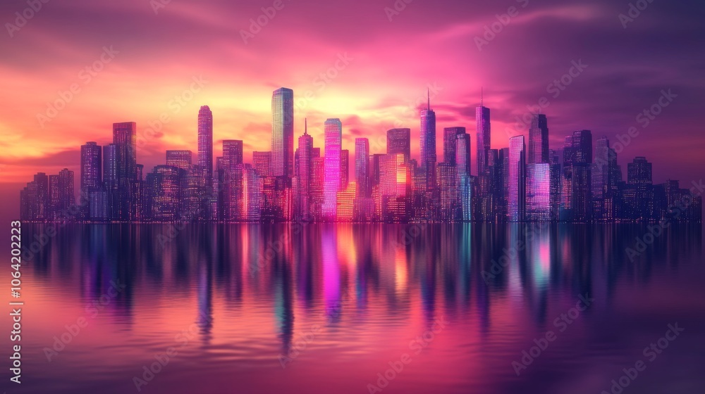 City skyline reflected in a river with colorful sunset lighting City skyline reflected in a river with colorful sunset lighting