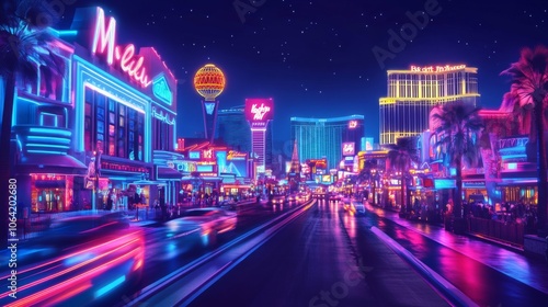 Night view of Las Vegas strip with vibrant neon lights and casinos