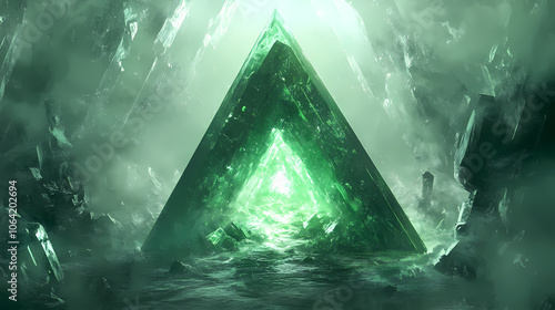 Triangle shaped green crystal mystical portal, fantasy concept. generative ai. Mystical. Illustration