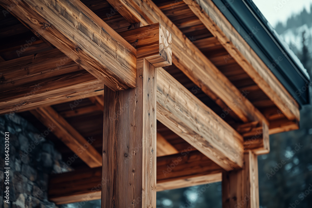 Detailed view of the roof of the wooden house in modern style in the mountains Detailed view of the roof of the wooden house in modern style in the mountains
