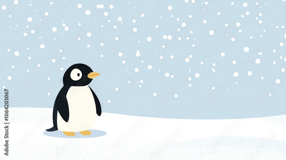 Obraz premium Penguin in snow with blue sky and snowflakes behind, and blue sky with snowflakes in foreground