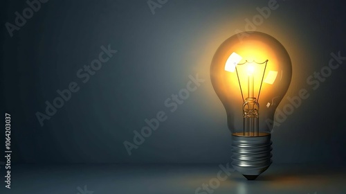 A single glowing light bulb in a dark room, representing creativity, inspiration, innovation, and bright ideas on a minimalist background.