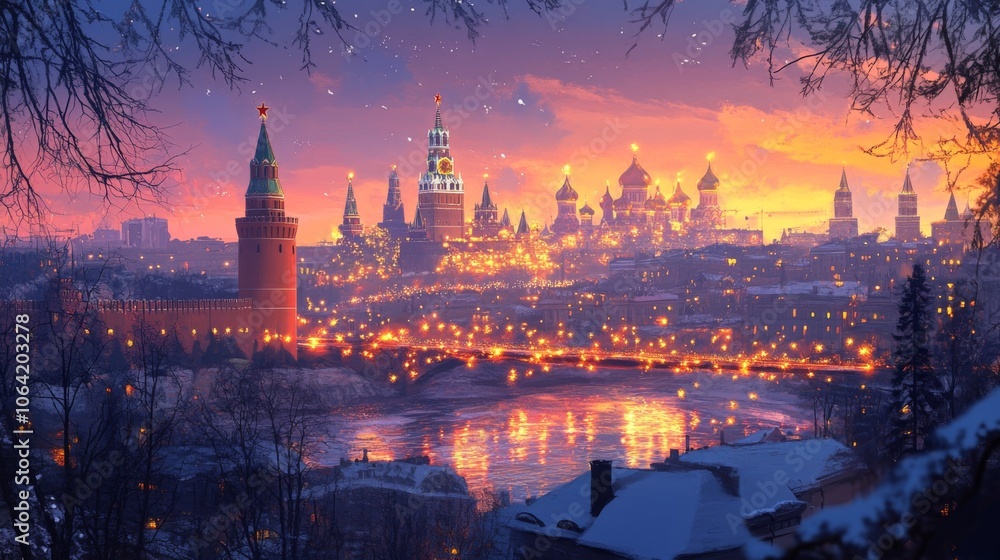 Fototapeta premium Warm glow of Moscow skyline with Kremlin towers and city lights