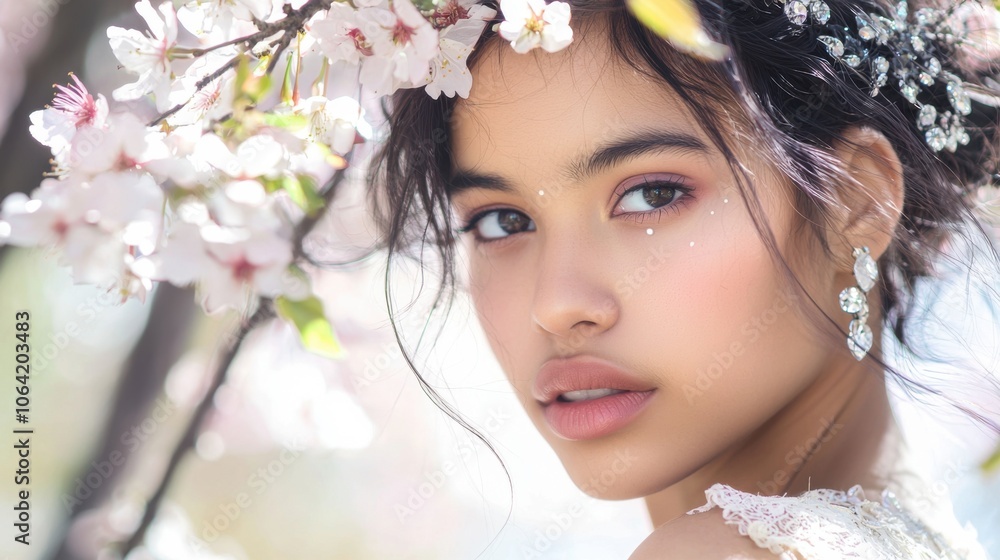 Starry-Eyed Mixed Race Girl Amid Cherry Blossoms Starry-Eyed Mixed Race Girl Amid Cherry Blossoms
