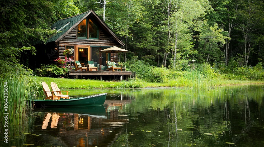 A small boat floats on a tranquil lake beside a quaint wooden cabin with a porch perched on top of it A small boat floats on a tranquil lake beside a quaint wooden cabin with a porch perched on top of it
