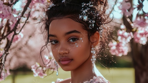 Starry-Eyed Mixed Race Girl Amid Cherry Blossoms