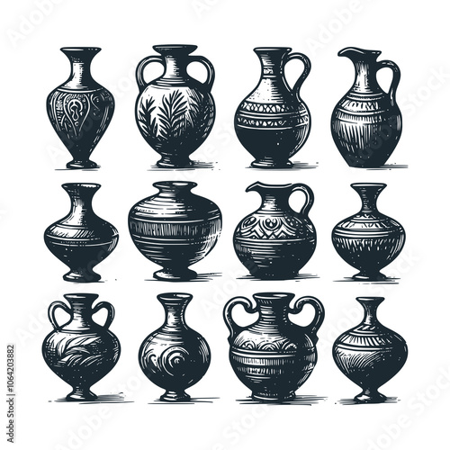 Ancient ceramic jar. Black white vector illustration.