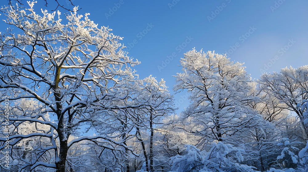 A wintry woodland scene with bare trees silhouetted against pale blue sky, their branches dusted with snow. Christmas and New year greeting card background. Winter holiday banner for web social media A wintry woodland scene with bare trees silhouetted against pale blue sky, their branches dusted with snow. Christmas and New year greeting card background. Winter holiday banner for web social media