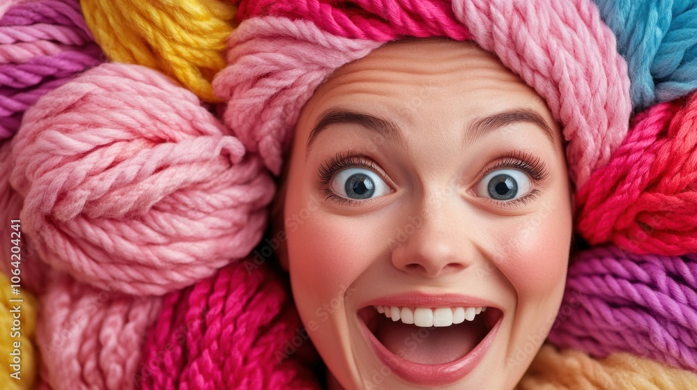 Joyful woman surrounded by colorful yarn, expressing excitement and creativity, AI
