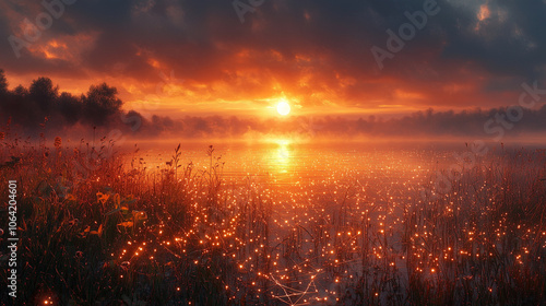 Sunrise over a misty meadow with tall grass and cobwebs sparkling with dew in the early light: The sun rises over the horizon, illuminating the meadow with a warm glow, and tiny de