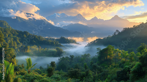 Majestic mountains at sunrise, with soft light illuminating the peaks and casting long shadows over a lush valley below: The scene is serene, with mist rising from the valley and t