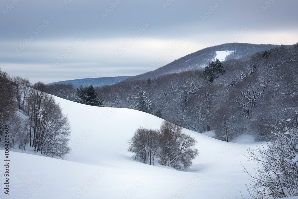 Calm Winter Scenery Featuring Snow-Covered Hills and Cloudy Skies Illustration Calm Winter Scenery Featuring Snow-Covered Hills and Cloudy Skies Illustration