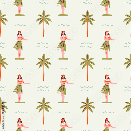 Retro hula dancer summer seamless pattern. Hand drawn style tropical background illustration. Vintage exotic nature textile print, hawaiian woman texture with palm tree doodle.