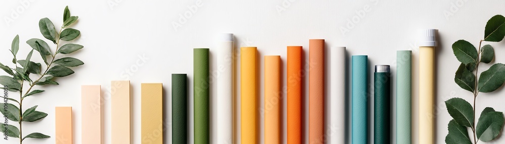 Colorful pastel books arranged in a row with green leaves, creating a harmonious and stylish display on a light background. Colorful pastel books arranged in a row with green leaves, creating a harmonious and stylish display on a light background.