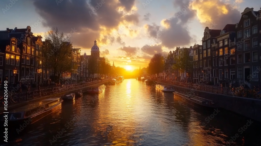 Fototapeta premium Amsterdam cityscape with traditional buildings along canals at sunrise