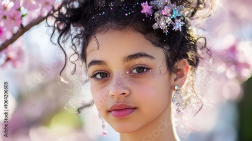 Starry-Eyed Mixed Race Girl Amid Cherry Blossoms