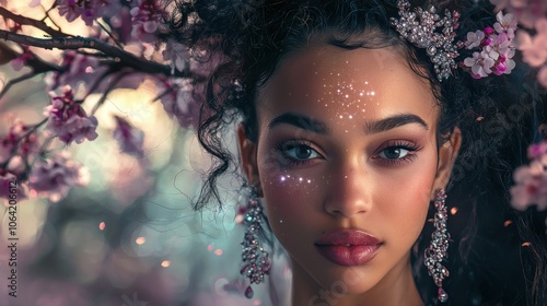 Starry-Eyed Mixed Race Girl Amid Cherry Blossoms