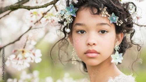 Starry-Eyed Mixed Race Girl Amid Cherry Blossoms