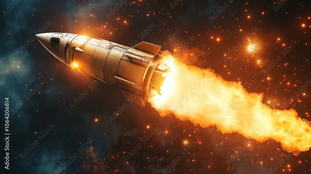 Rocket launch in space with fiery propulsion against a starry cosmic background Rocket launch in space with fiery propulsion against a starry cosmic background