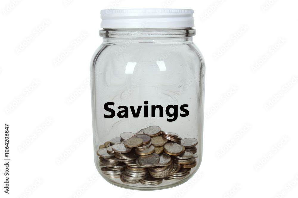Coins are stored in a labeled glass jar against a white background. Concept of saving money. Coins are stored in a labeled glass jar against a white background. Concept of saving money.