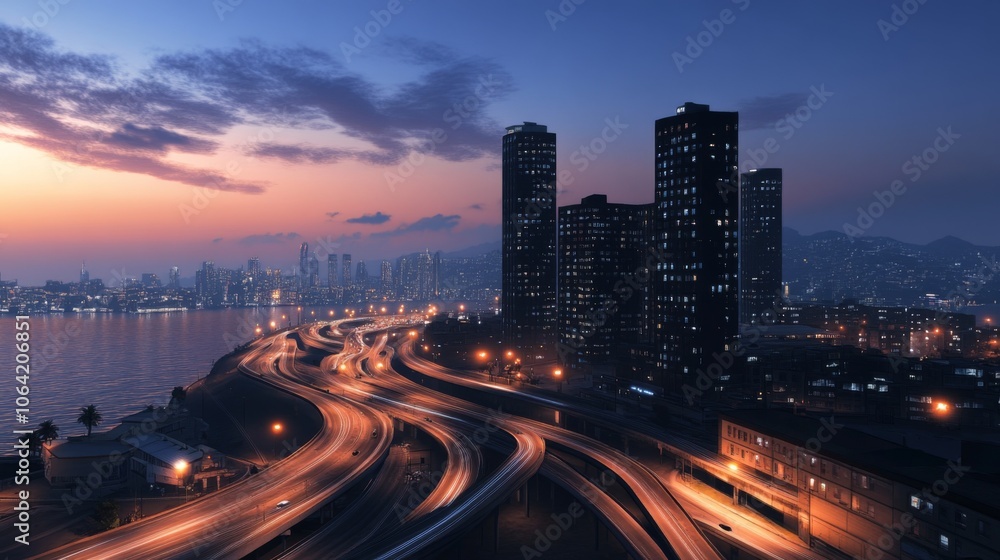 Bright urban skyline with highways winding through tall, illuminated buildings Bright urban skyline with highways winding through tall, illuminated buildings