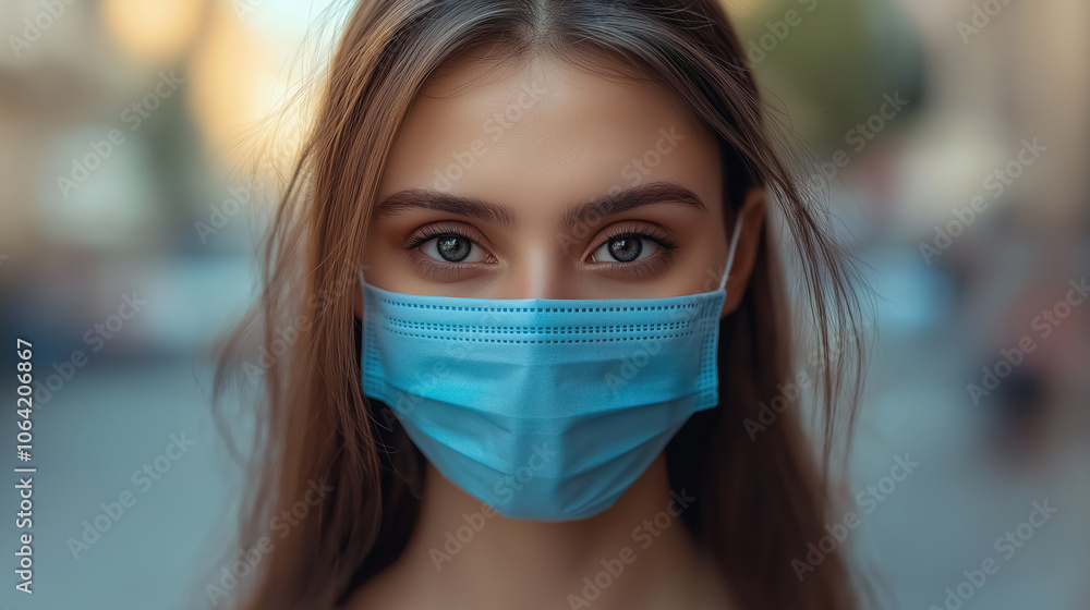 Woman wearing blue mask outdoors in urban setting with focused eyes Woman wearing blue mask outdoors in urban setting with focused eyes