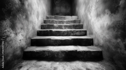 Mysterious stone staircase in darkened passageway with eerie atmosphere photo