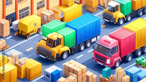 Colorful trucks and shipping containers in an organized warehouse setting, emphasizing transport and logistics efficiency.