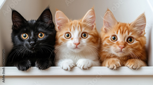 Adorable trio of kittens peeking over the edge of a white shelf