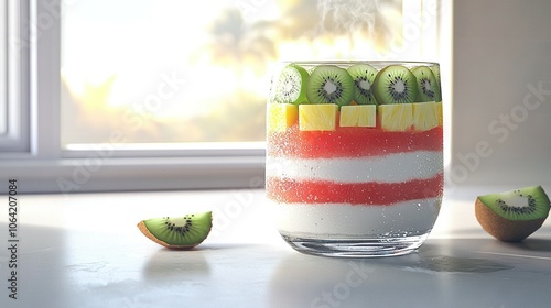   A transparent vessel holding various fruits positioned near a window and adjacent to additional produce on a table surface photo